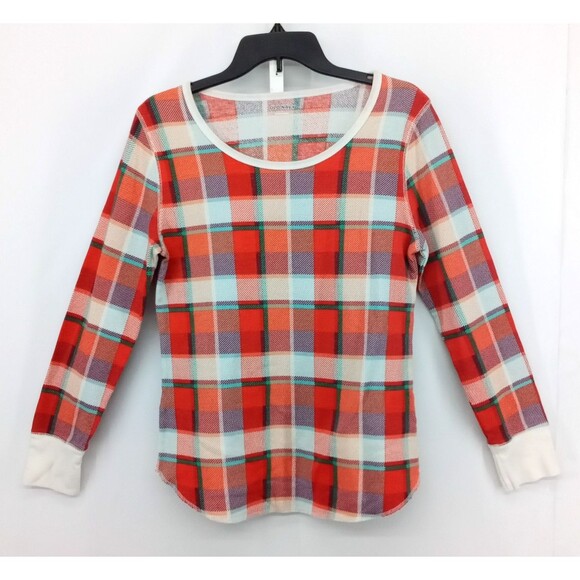 Old Navy Shirt Womens Large Orange Plaid Long Sleeve Waffle Knit Pullover Top - Picture 1 of 6
